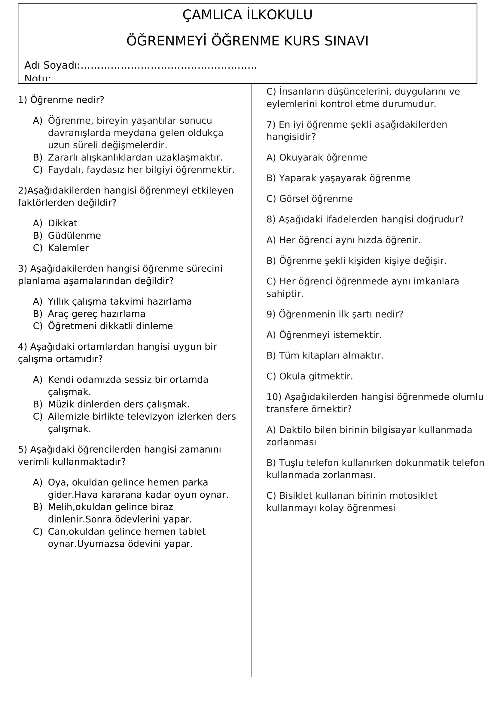 Öğrenmeyi Öğrenme Kurs Sonu Sınavı