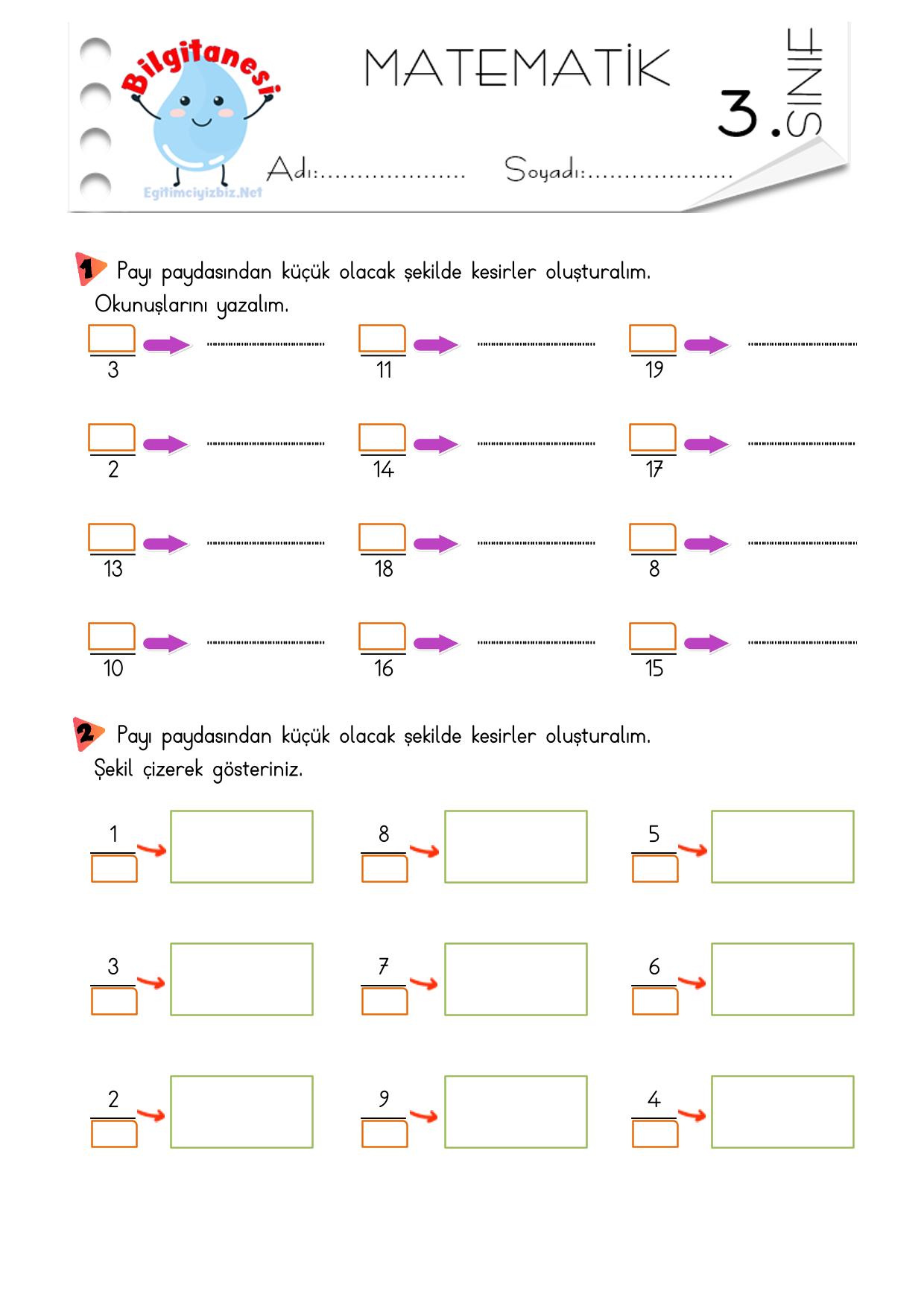 3. Sınıf Payı Paydasından Küçük Kesir Oluşturma Etkinliği-2