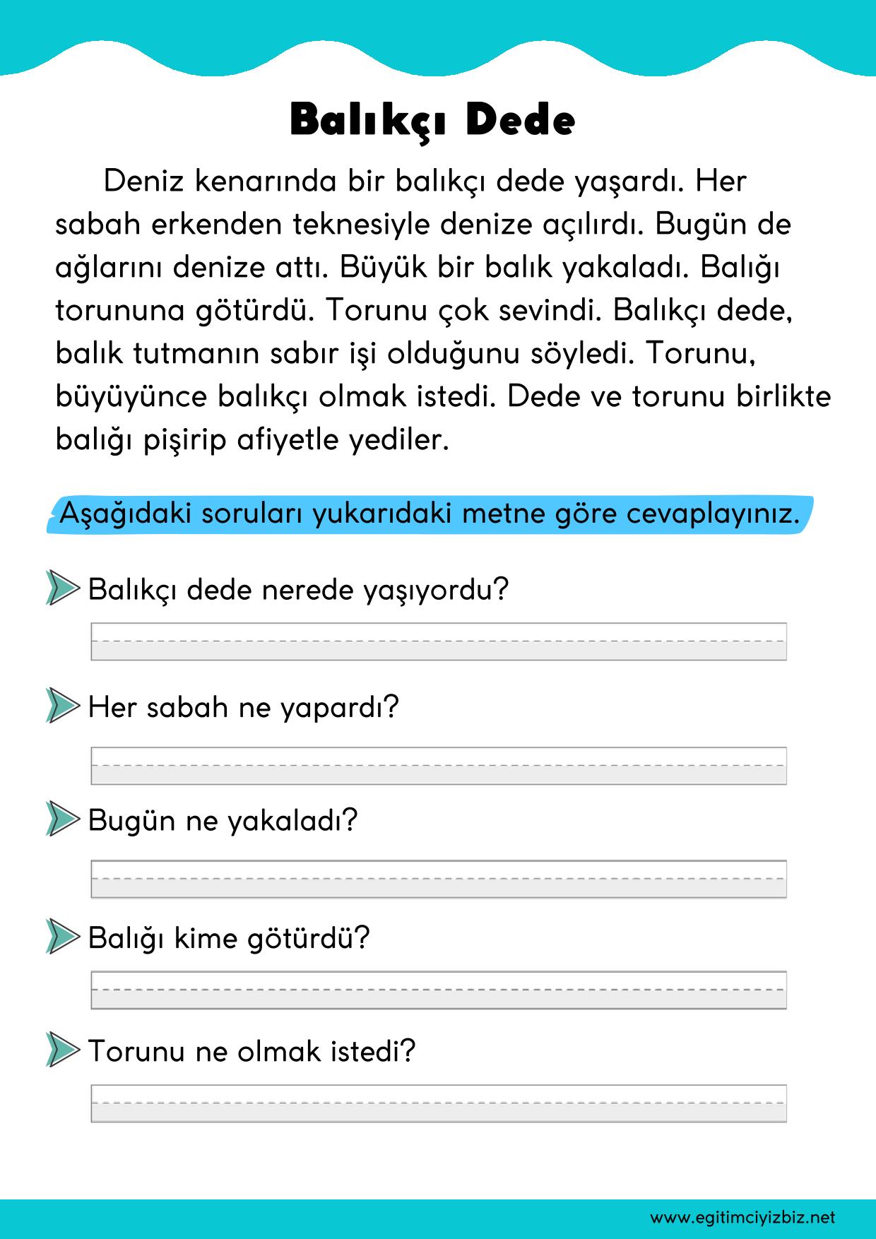 1.Sınıf Okuma Anlama Etkinliği-Balıkçı Dede
