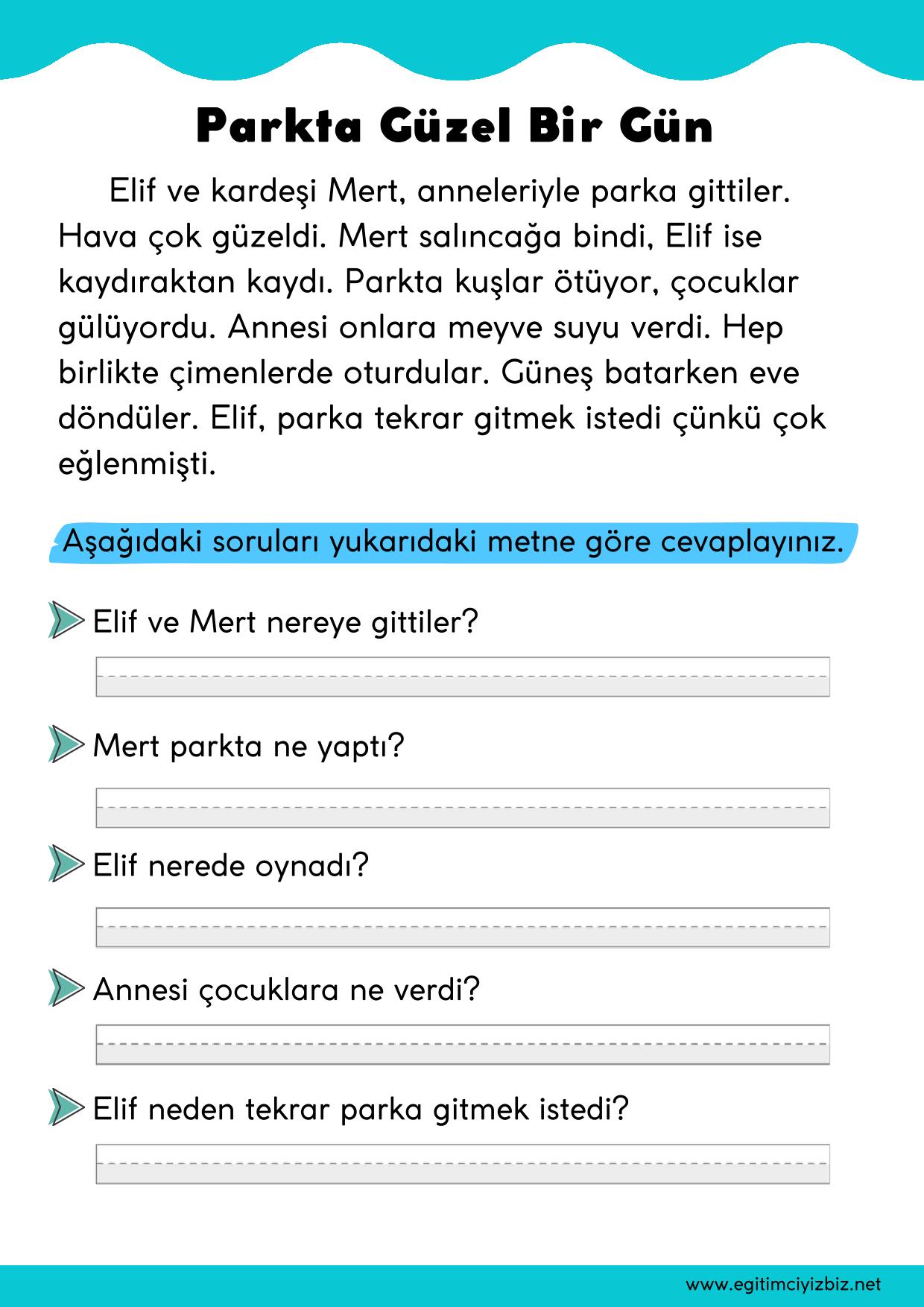 1.Sınıf Okuma Anlama Etkinliği-Parkta Güzel Bir Gün