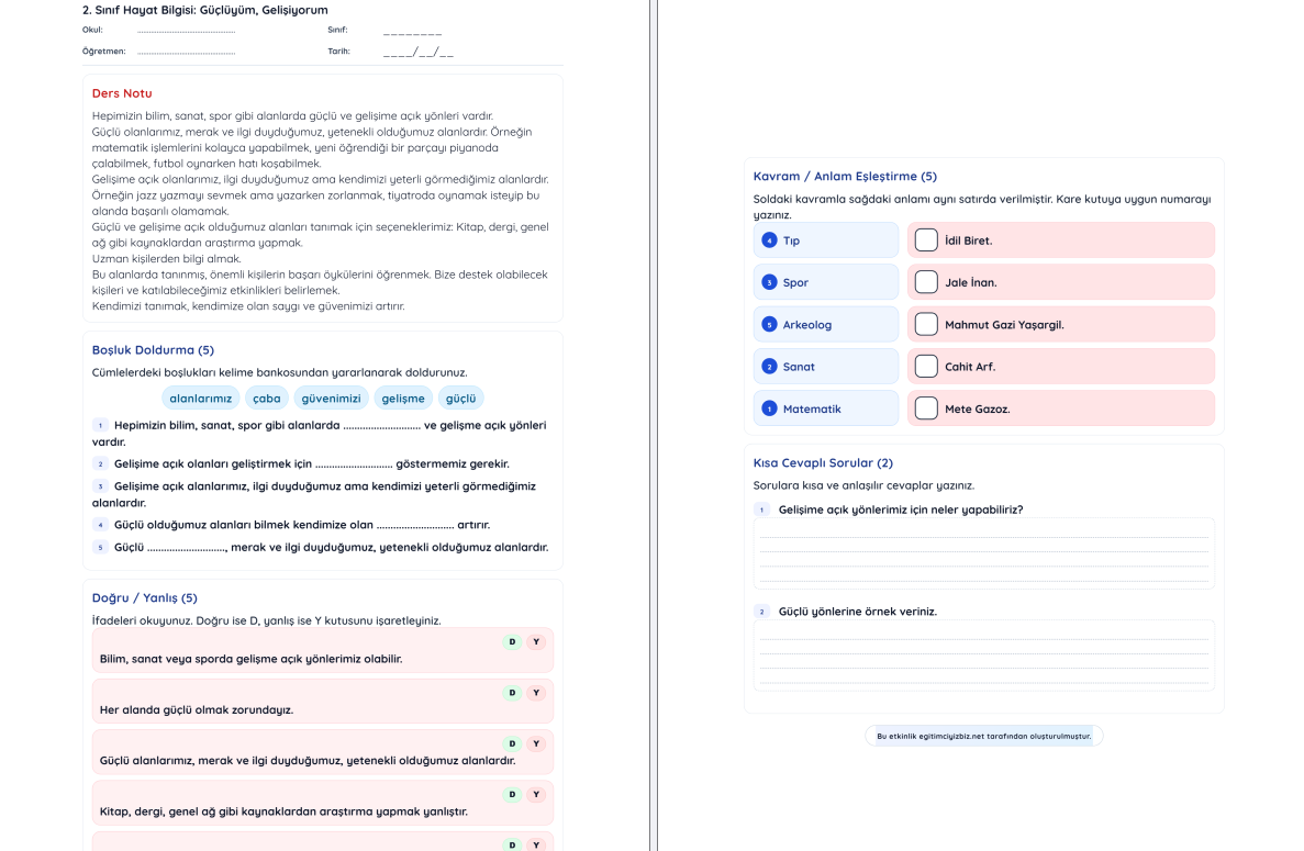 2. Sınıf Hayat Bilgisi Güçlüyüm Gelişiyorum Etkinliği