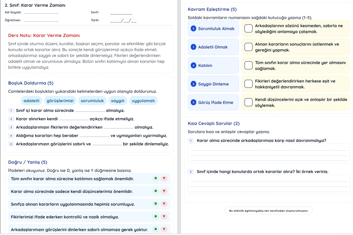 2. Sınıf Hayat Bilgisi Karar Verme Zamanı Etkinliği