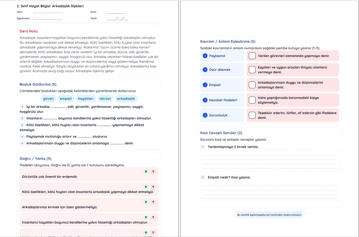 2. Sınıf Hayat Bilgisi Arkadaşlık İlişkileri Etkinliği