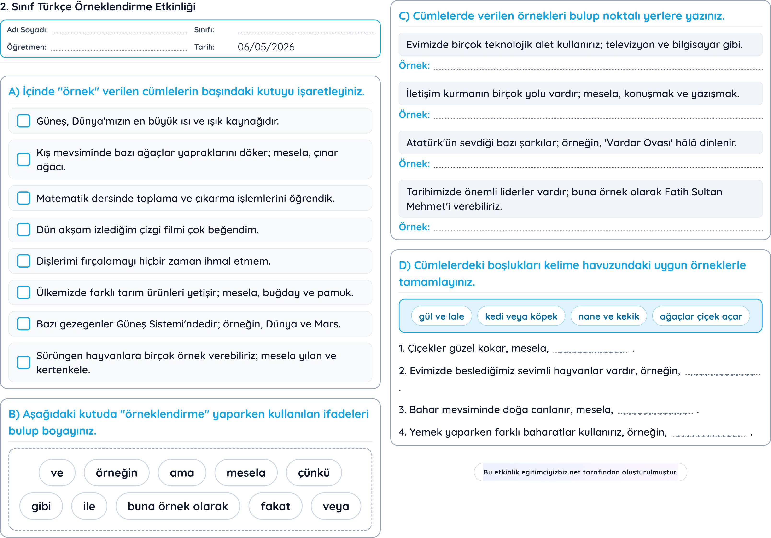 2. Sınıf Türkçe Örneklendirme Etkinliği (Maarif Model Uyumlu)